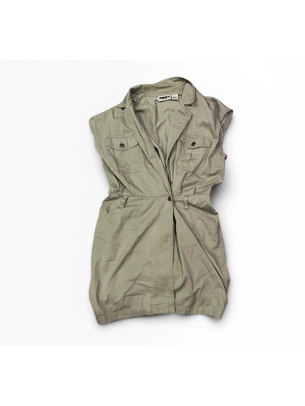 Vintage DKNY Jeans Safari Vest Dress Tan Utility Button Front Womens 8